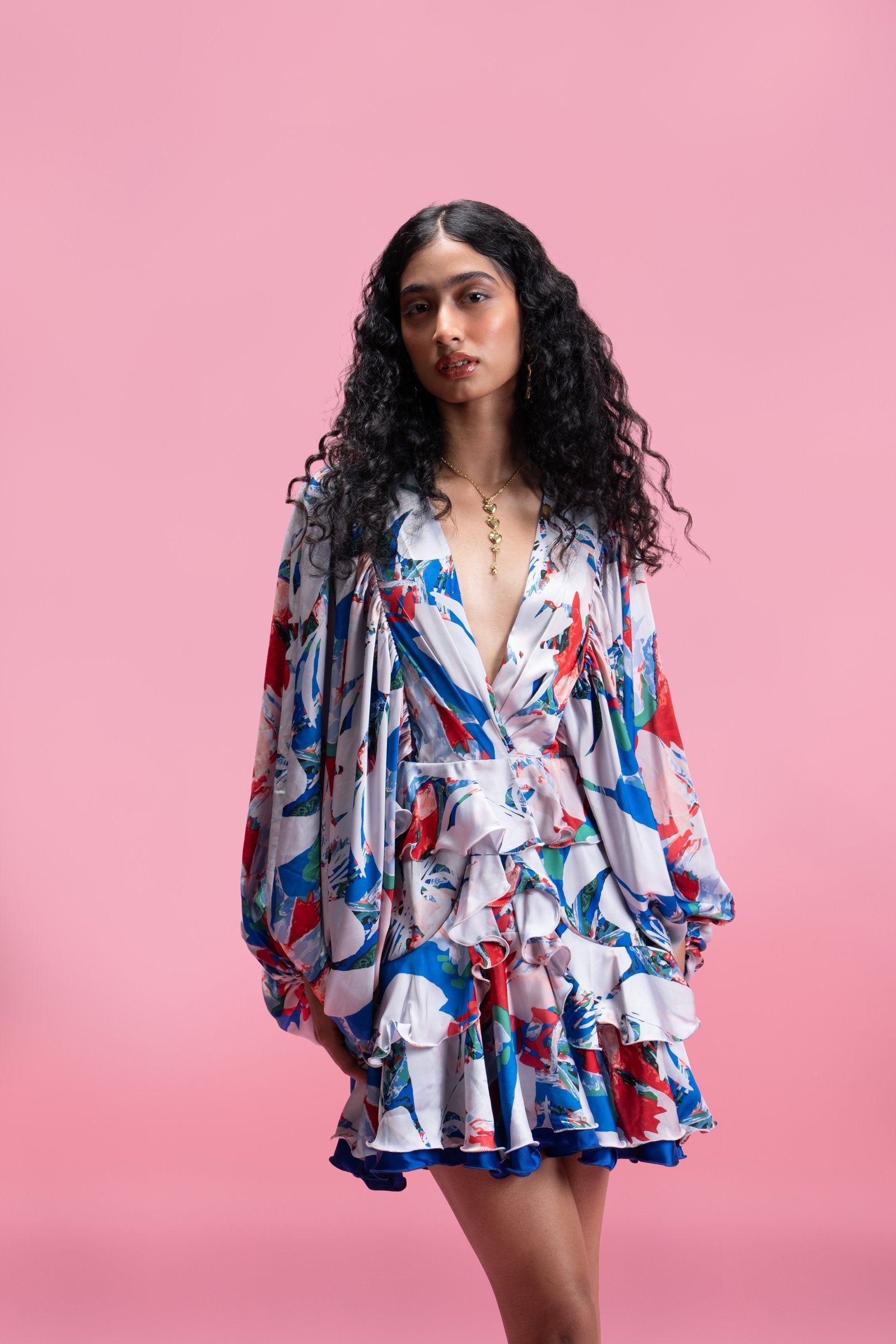 Printed Ruffle Mini Dress with Voluminous Sleeves – mandirawirk.in
