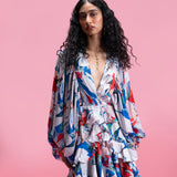 Printed Ruffle Mini Dress with Voluminous Sleeves