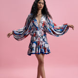 Printed Ruffle Mini Dress with Voluminous Sleeves