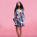 Printed Ruffle Mini Dress with Voluminous Sleeves