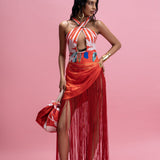 Halter Bodysuit Sunset Fringe Wrap Skirt Set