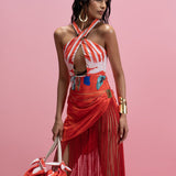 Halter Bodysuit Sunset Fringe Wrap Skirt Set