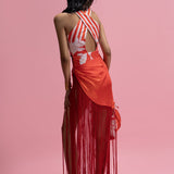 Halter Bodysuit Sunset Fringe Wrap Skirt Set