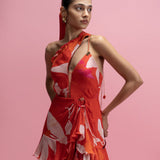 Printed One-Shoulder Ruffle Mini Dress