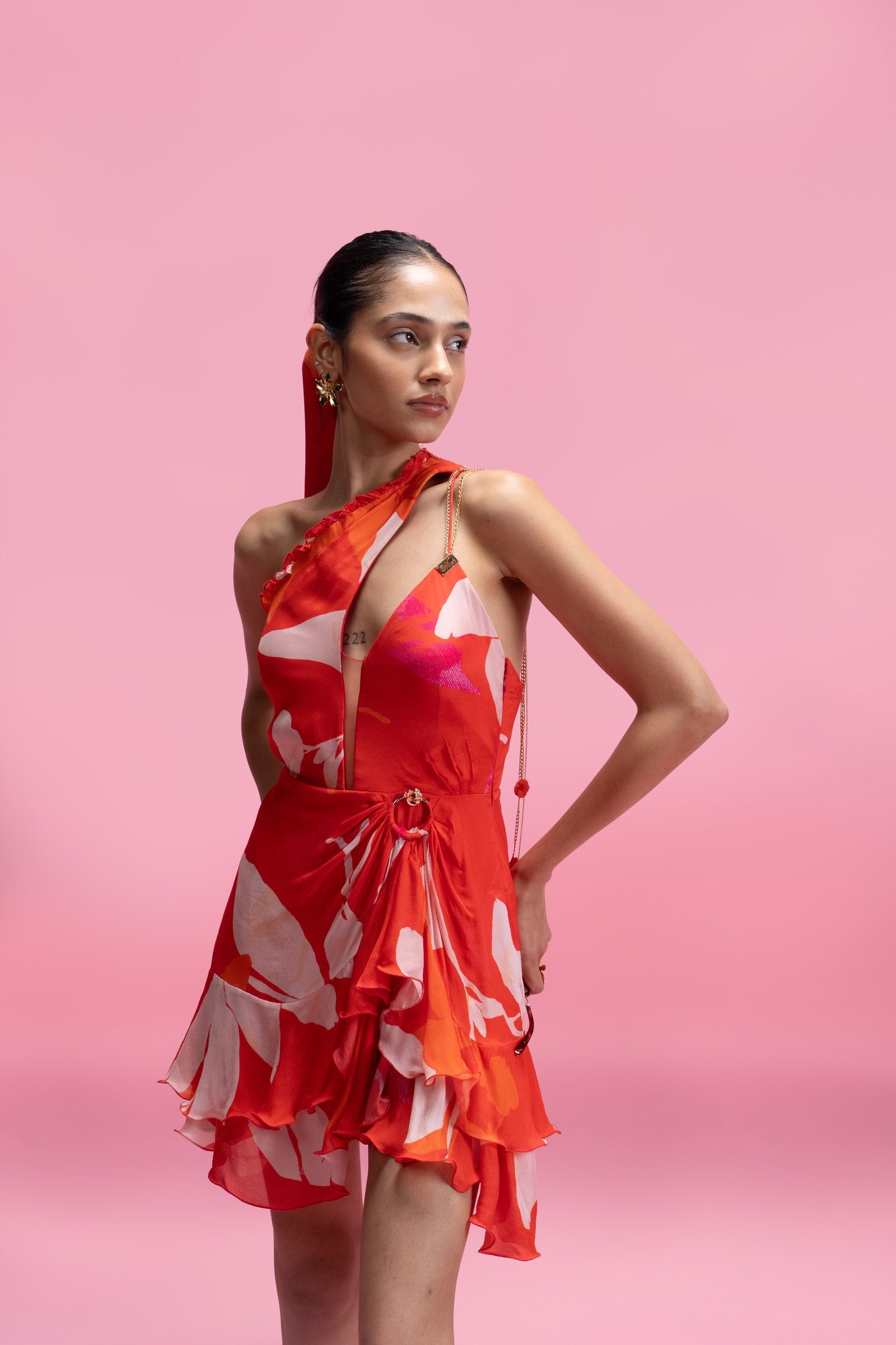 Printed One-Shoulder Ruffle Mini Dress Red / Free Size
