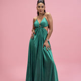 Backless Halter Drape Maxi Dress with Gold Buckle