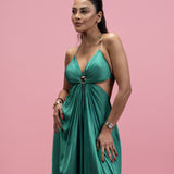 Backless Halter Drape Maxi Dress with Gold Buckle