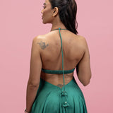 Backless Halter Drape Maxi Dress with Gold Buckle