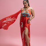 Placement Print Knot Backless Dress with Trail