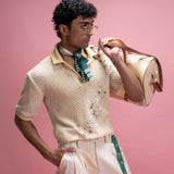 Cotton Lace Polo Shirt & Tailored Trousers Set with Embroidery