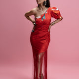 One-Shoulder Draped Midi Dress with Fringes