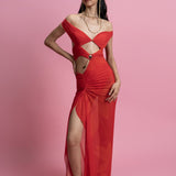 Off-Shoulder Draped Gown with Built-In Bodysuit