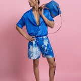 Satin Shirt & Printed Shorts Set with Belt