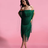 Off-Shoulder Crystal Handwork Fringe Dress