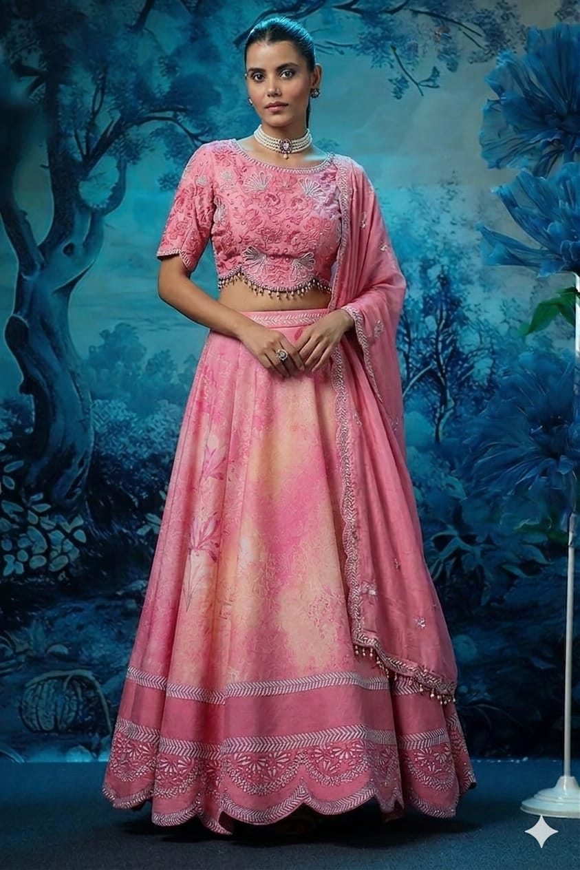 Mandira Wirk designer pink lehenga with an embroidered blouse and matching sheer dupatta