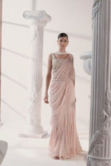 Peach Chiffon Drape Saree Set