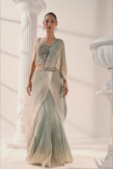 Pista & Gold Draped Layer Lehenga Set