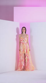Peach raw crystal asymmetric maxi dress