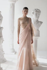 Golden Shimmer Cream Draped Saree Set