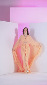 Salmon Pink Pleated Frilled Cape Gown