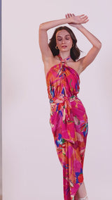 Satin multi pink printed halter dress