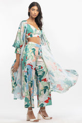 Satin Printed Jacket With Pants And Bustier