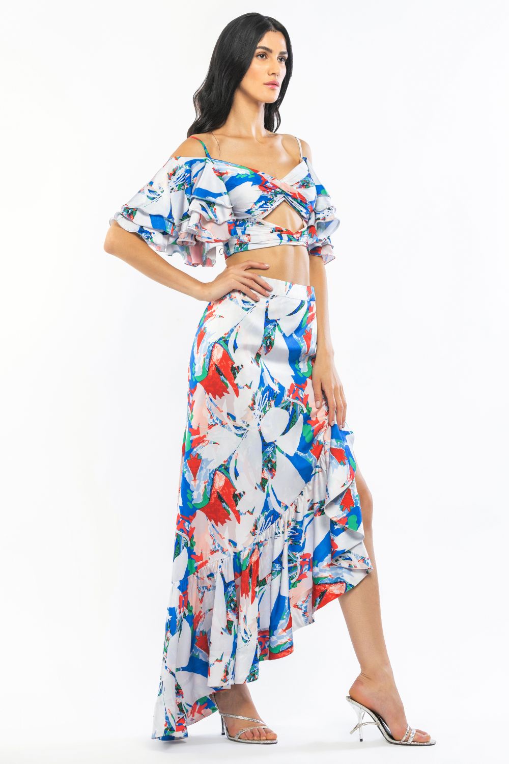 Satin Printed Flaired Sleeve Top With High Low Skirt