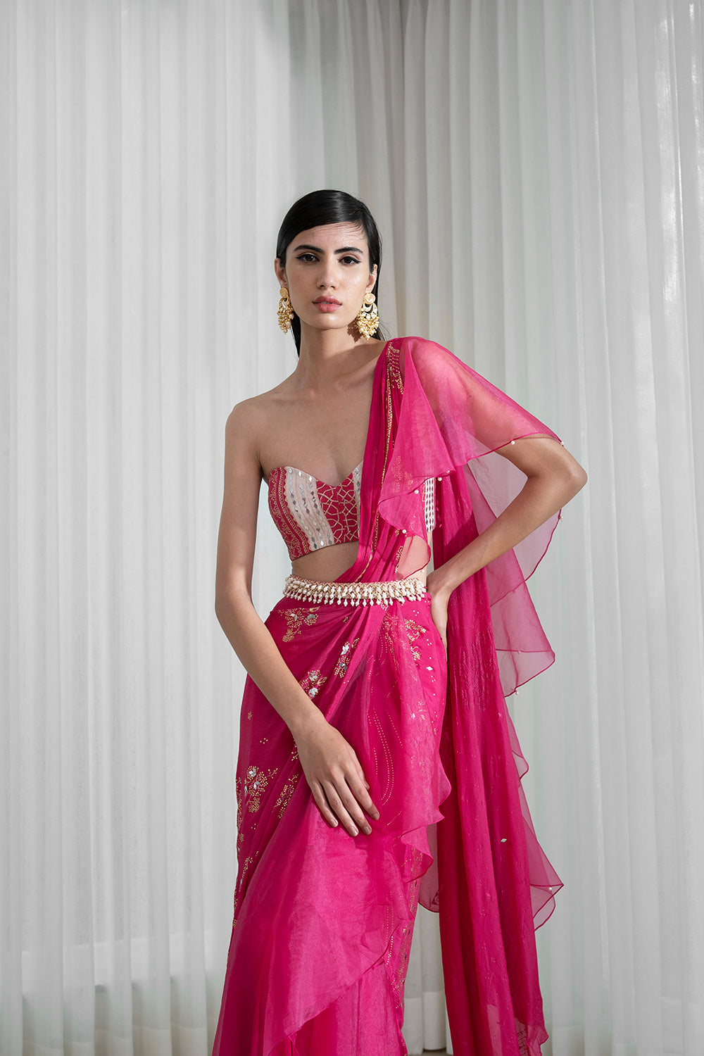 Foil Printed Draped Saree Styles With Bustier And Belt