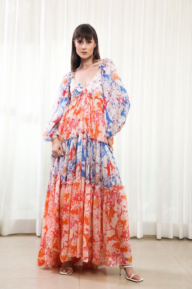 Blue mist-maple leaves tiered dress