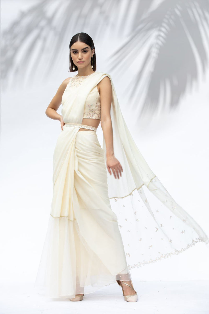 Ivory Pre Pleated Sari Set
