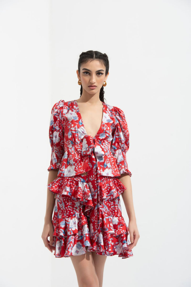 Ajisia Printed Tie Up Top With Printed Skirt