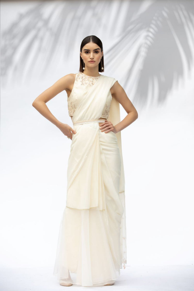Ivory Pre Pleated Sari Set