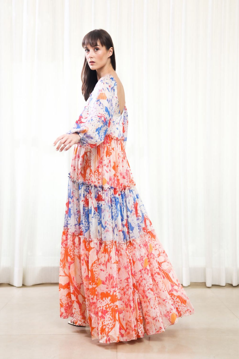 Blue mist-maple leaves tiered dress