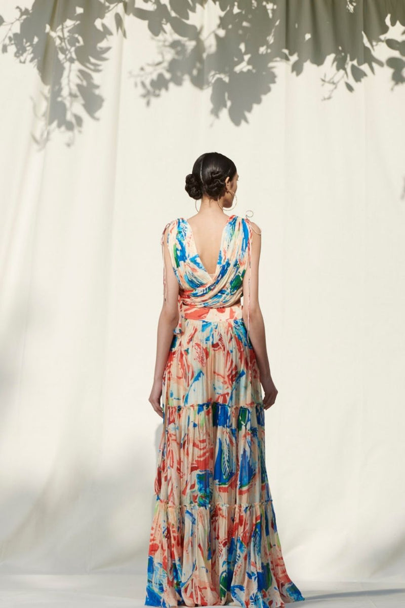 Printed Tier Skirt With Draped Crop Top