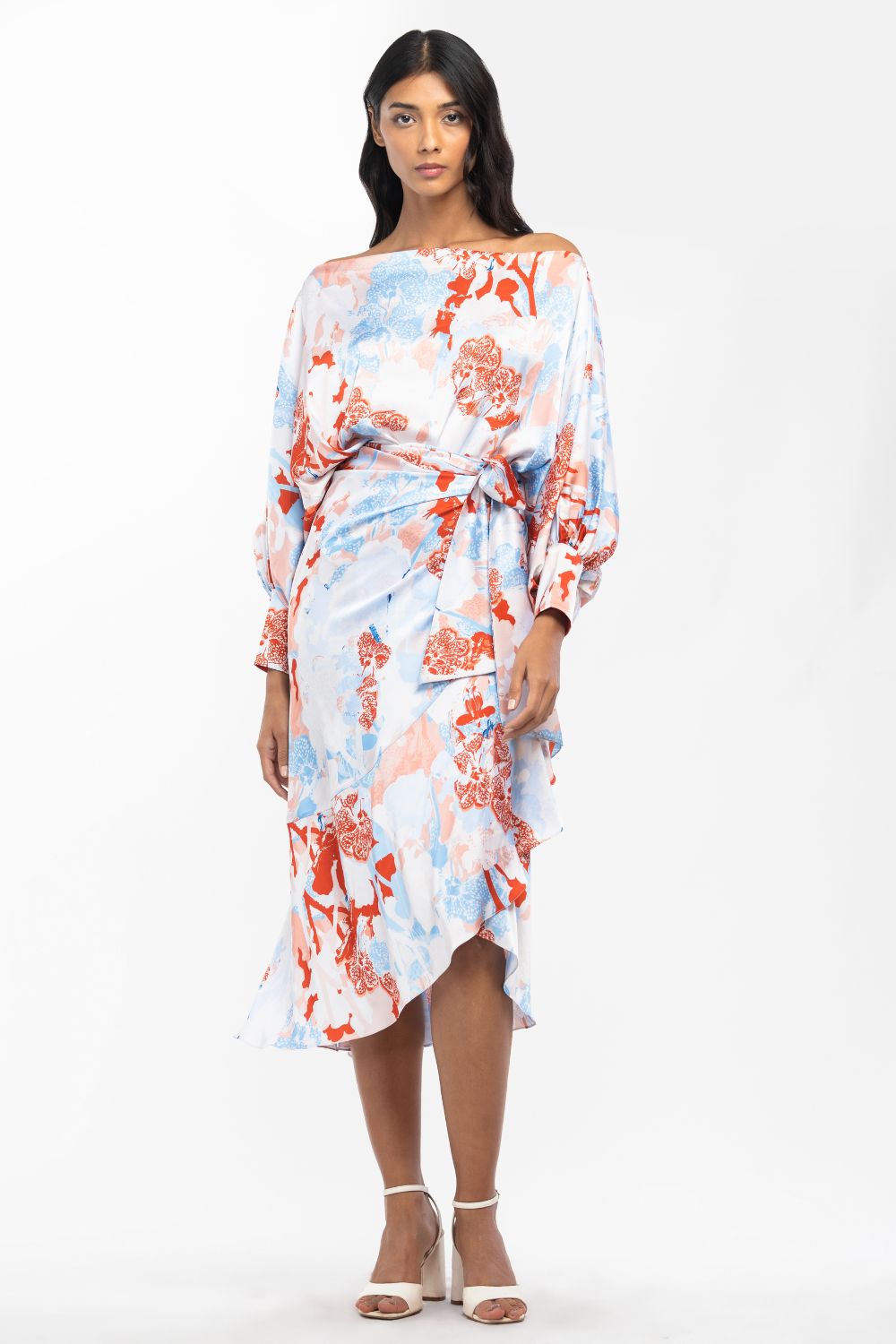 Satin Printed Off Shoulder Top With Wrap Skirt