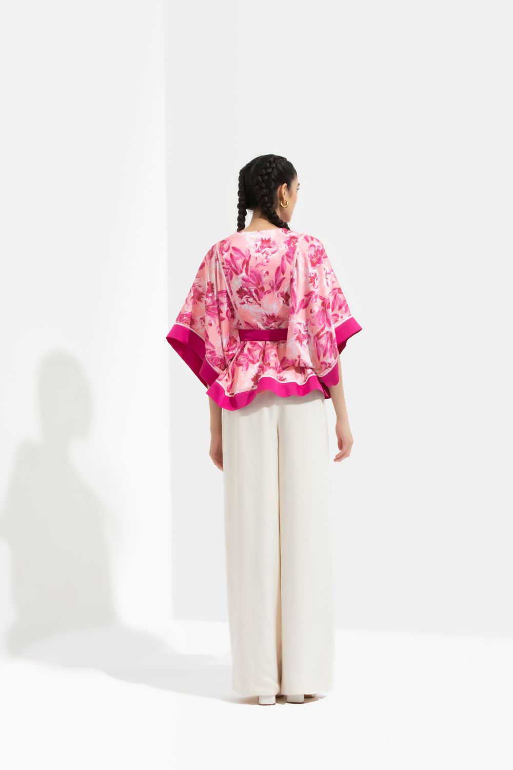 Sakura Printed Peplum Top With Kimono Sleeves Paired With Ivory Pants