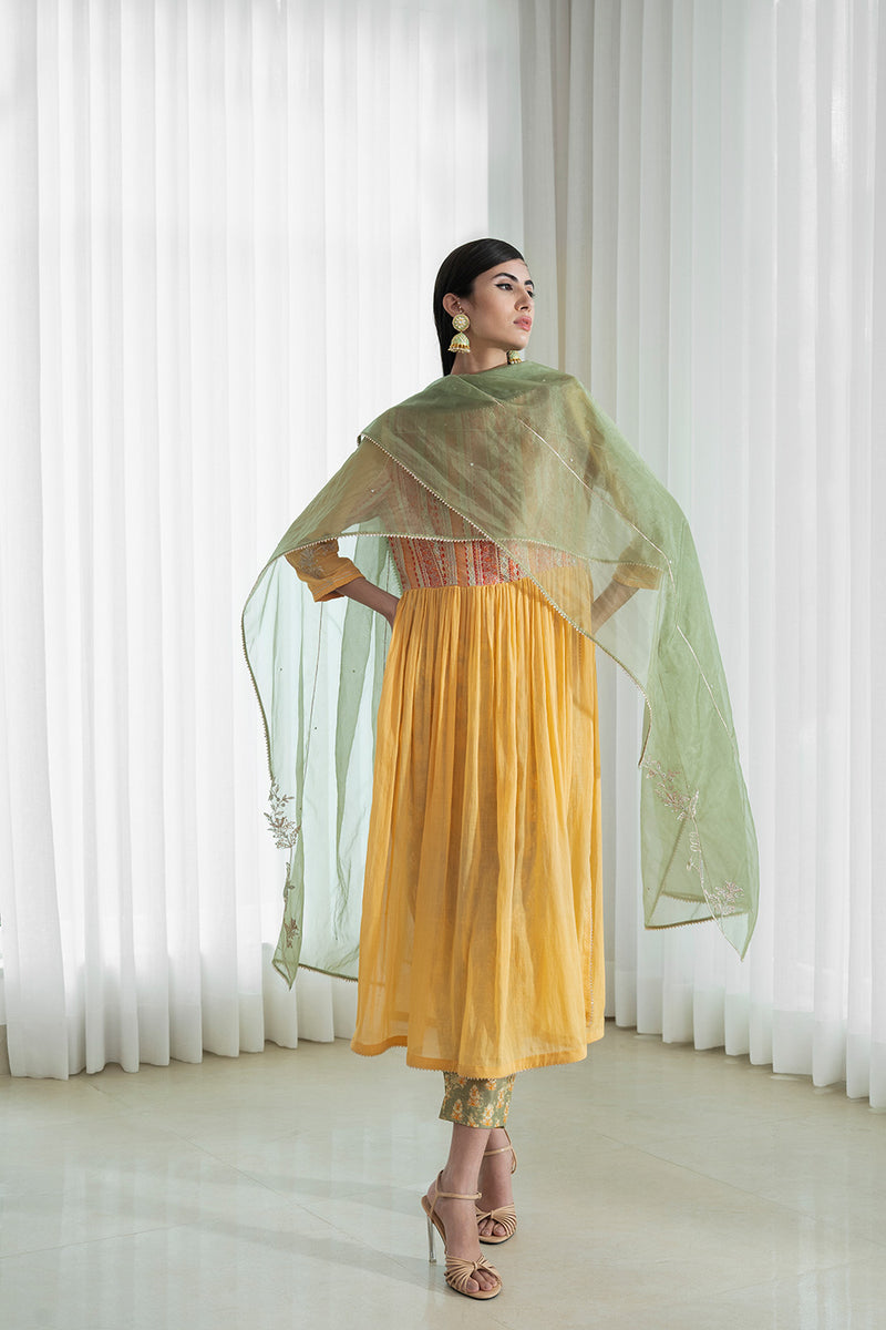 Yoke Kurta With Printed Pants And Dupatta