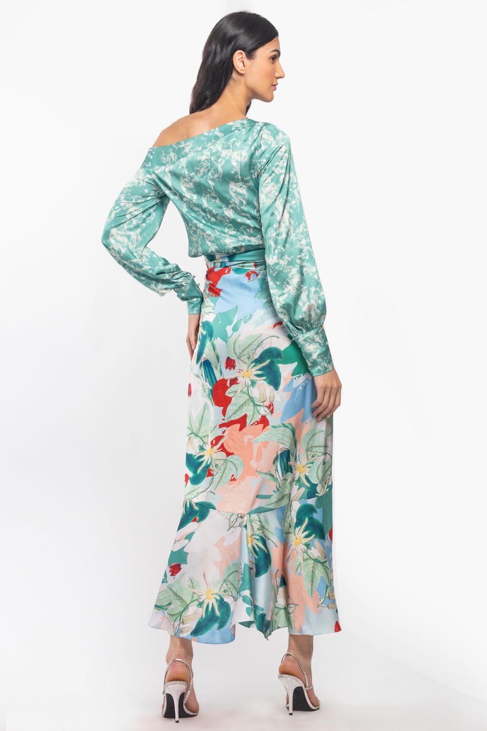 Satin Printed Off Shoulder Top With Wrap Skirt