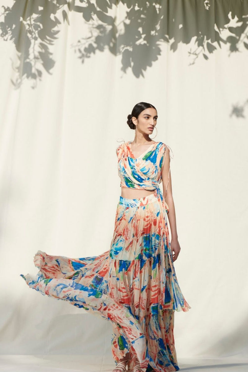 Printed Tier Skirt With Draped Crop Top