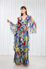 Blue hibiscus ruffle maxi dress