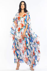 Tropical ivory blue kaftan dress
