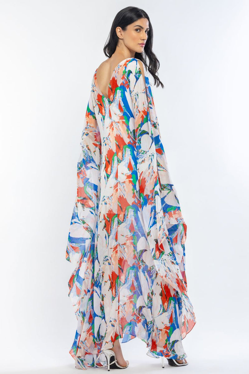 Tropical ivory blue kaftan dress