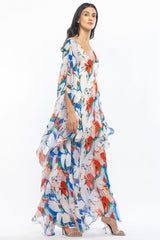 Tropical ivory blue kaftan dress