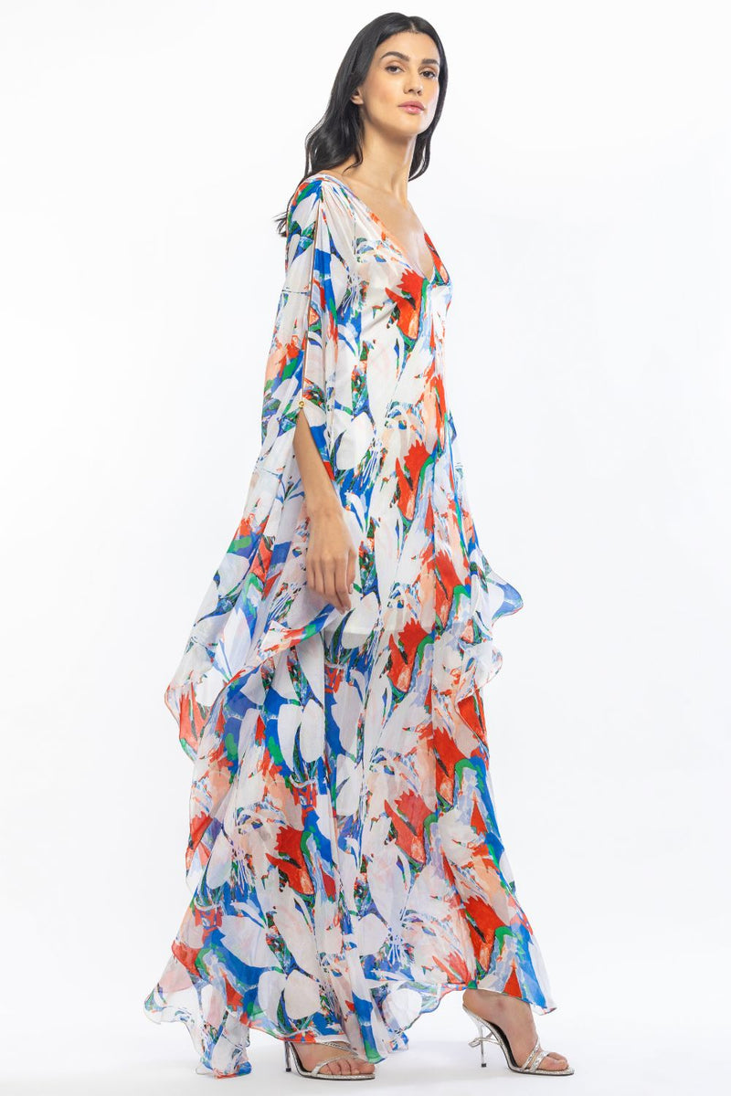 Tropical ivory blue kaftan dress