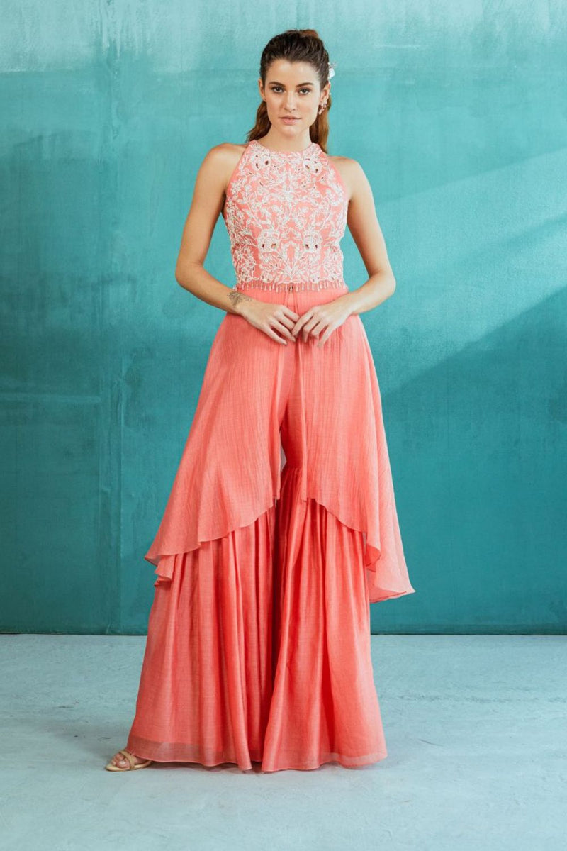 Pink Chanderi Enbroidered Kurta With Sharara