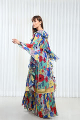 Blue hibiscus ruffle maxi dress
