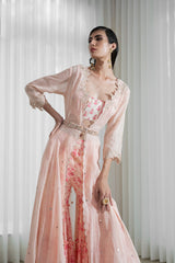 Jacket-sharara set with printed blouse