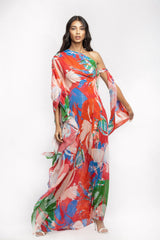 Cotton Lurex Printed One Shoulder Kaftan