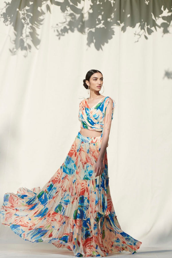 Printed Tier Skirt With Draped Crop Top