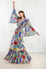 Blue hibiscus ruffle maxi dress